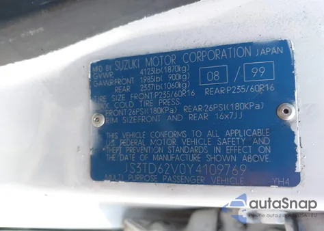 2000 Suzuki Grand Vitara Jlx/Jlx+/Limited из США, поврежденный, VIN JS3TD62V0Y4109769